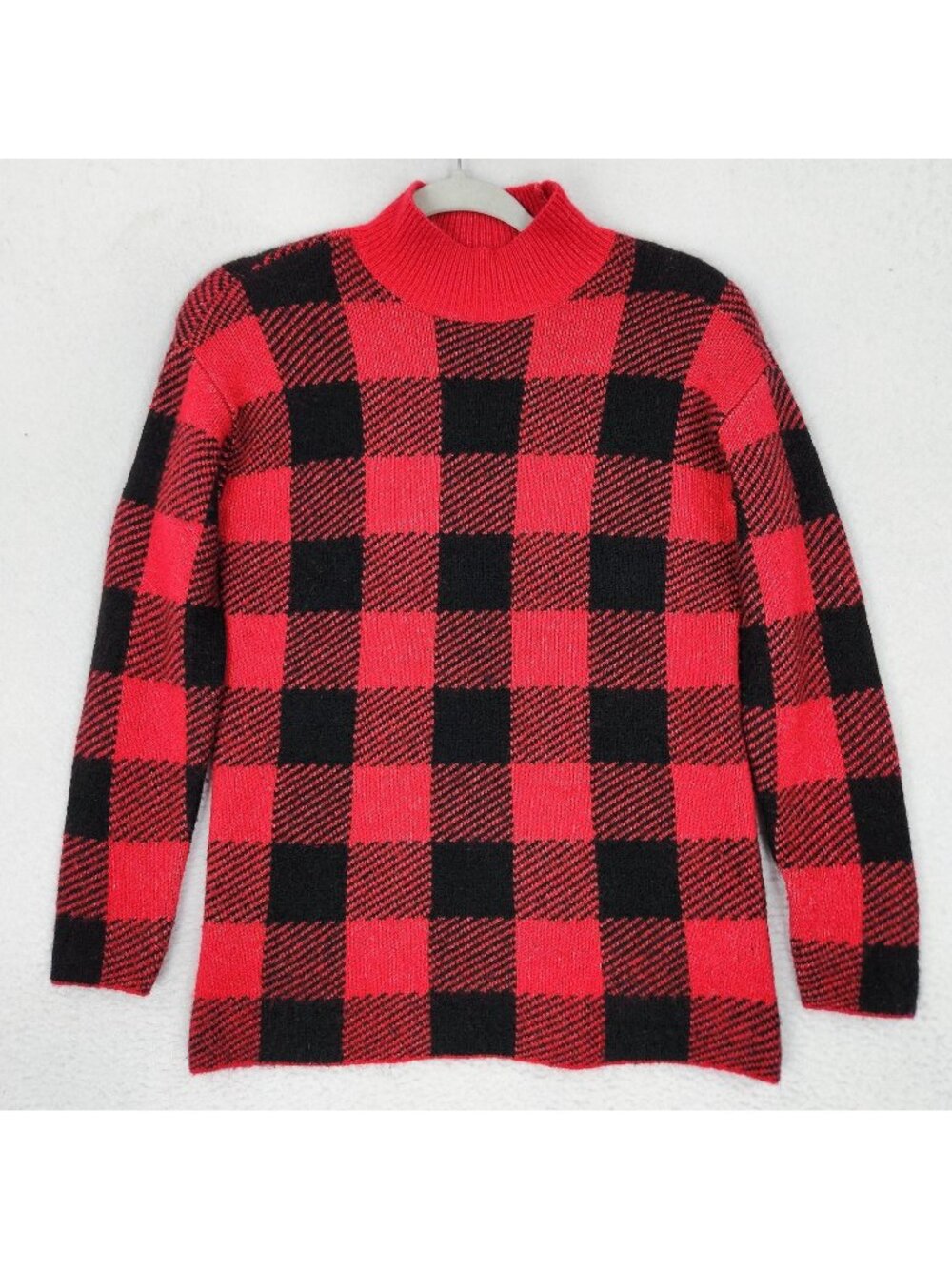 LOFT Sweater Womens XS Petite Red Buffalo Plaid Mock Neck Knit Pullover